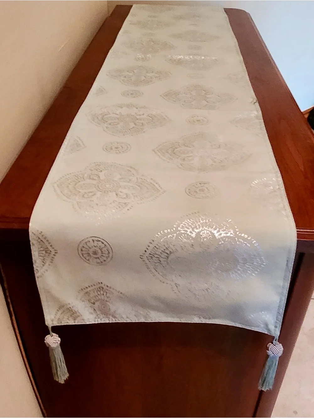 Elegant Soft Green 70” Table Runner with Silver Medallions & 5.5” Tassels
